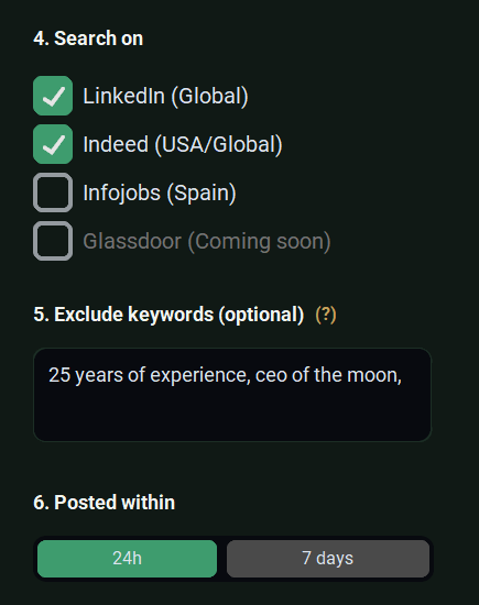 Scout Wand options to choose LinkedIn, InfoJobs and Indeed and a 24 hour or 7 day window