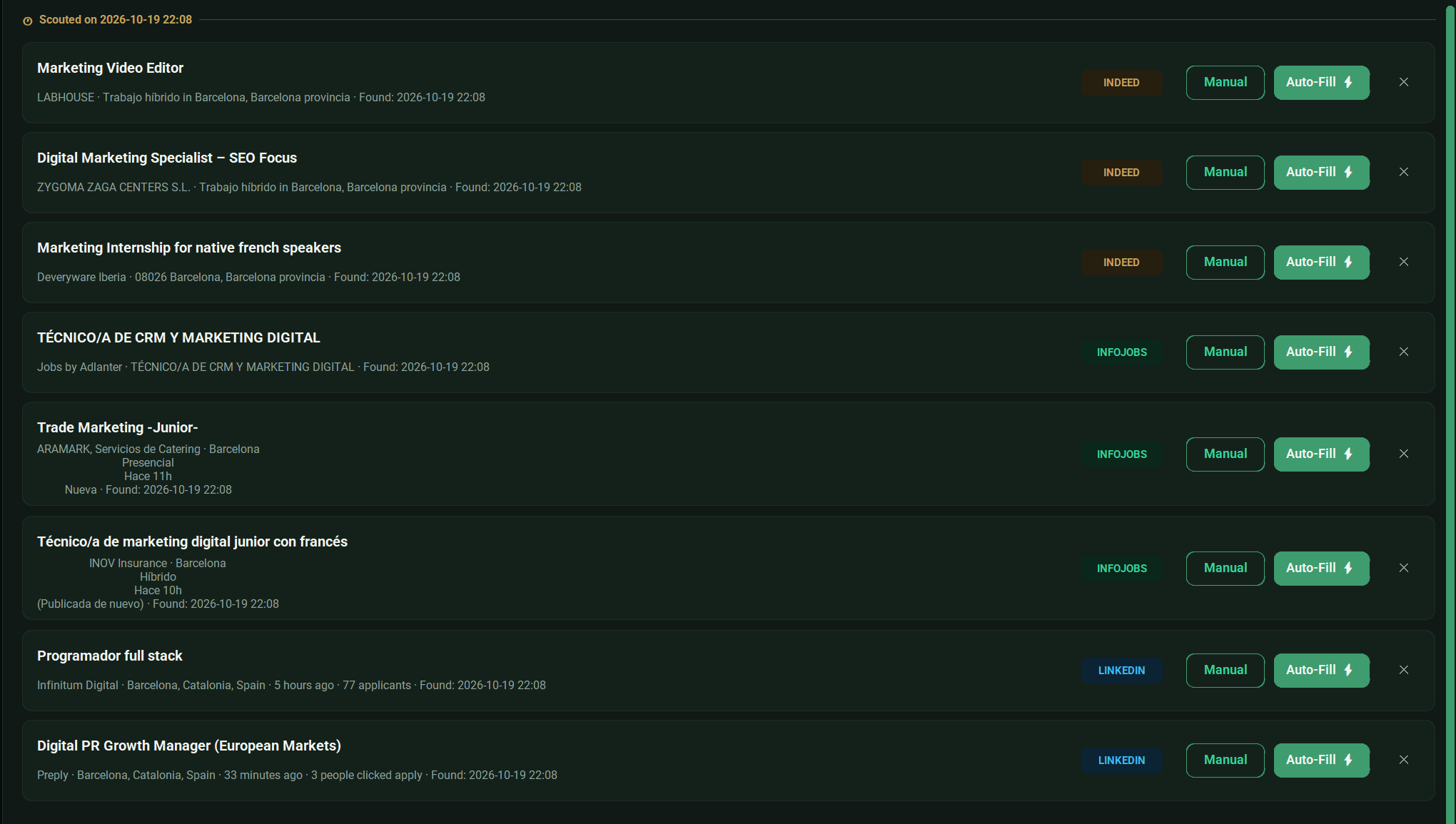 Scout Wand results list with listings from LinkedIn, InfoJobs and Indeed